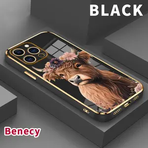 Electroplating Phone Case for iPhone 15 Pro Max 16 14 Plus 13 12 11 Flower - crowned Highland Cow Patterned Classic Square Design Non Slip TPU Soft Shell