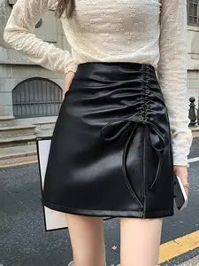 GILIPUR Women's Black Faux Leather Ruched Drawstring Mini Skirt with Split Hem - All-Season Casual & Party Skirt