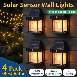 4 Pack Solar Motion Sensor Outdoor Wall lantern Lights mount - IP65 Waterproof, 3 Modes Dusk to Dawn Auto, Wireless Security eco friendly Lights Flood for Garden Patio Garage Pathway (Modern Black)