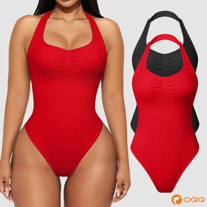 OQQfitness Womenswear Halter Neck Sexy Ribbed Backless Basic Sleeveless Cute Pleated Bodysuits Women for Gym Soft Wear Minimalist Comfortable Tops