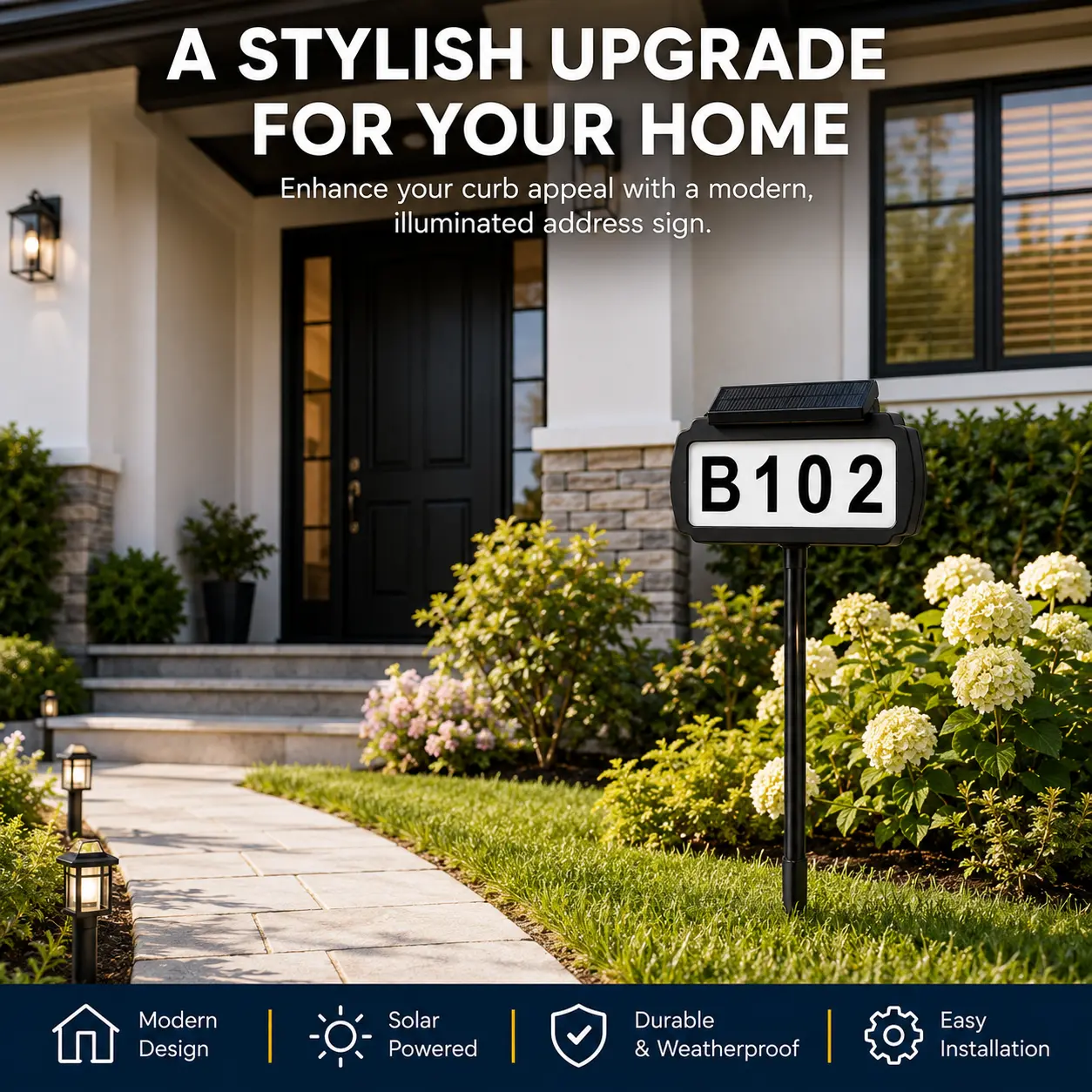 Solar light-up house number sign, available in 3 lighting colors, customizable letters and numbers, supports wall mounting and ground installation in lawns, suitable for outdoor yards, porches, and driveways.