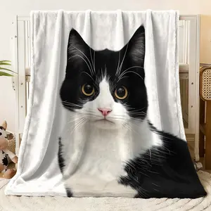 Cute Black White Cat Print Flannel Blanket Soft Cozy Plush Throw for Bed Couch Sofa Decor Multi - size