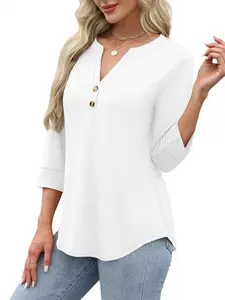 Women's V Neck Henley Shirts 3/4 Sleeve Button Tunic Tops Casual Loose Fit Blouses Floral Print T-Shirts