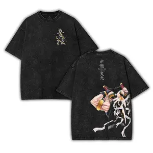 Men's Demon Slayer Sound Hashira Tengen Uzui V5 Double-Printed Acid Washed Distressed Festive Valentine T-Shirt, Casual Shortsleeve Cotton Streetwear Graphic Tshirt