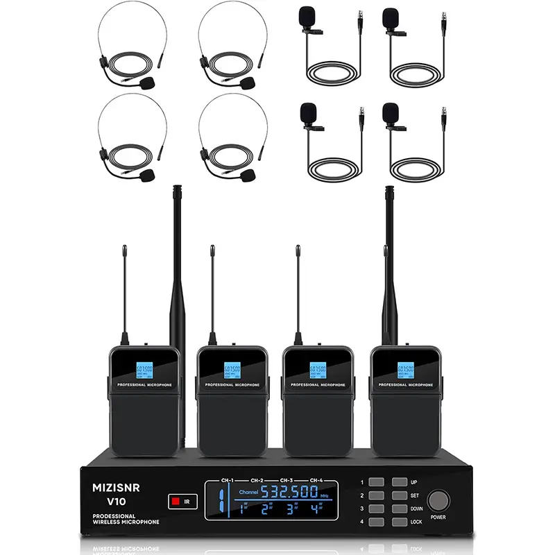4 Channel Wireless Lavalier Microphone Bodypack System, Professional UHF Cordless Lavalier Microphone Bodypack Set for Singer, Metal Receiver with Adjustable Frequency Auto Scan 300ft Range for Singing Karaoke Speaking