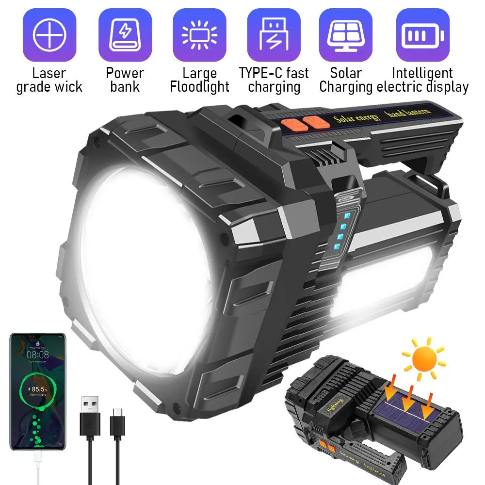 100000 Lumens Rechargeable LED Spotlight - High Lumen Brightness Handheld Flashlight, Portable Hands-Free Cordless Torch Lantern, Waterproof Durable Work Light with Solar-USB Charging for Outdoor Emergencies (Flashlights High Lumens)