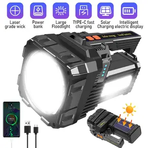 100000 Lumens Rechargeable LED Spotlight, Super Bright Outdoor Handheld, Waterproof Solar/USB Flashlight for Emergencies, Portable Searchlight
