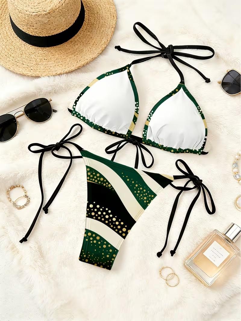 New Two-Piece Printed Bikini Set for Women with Straps and Split Design Geometric Pattern Mid Rise Lingerie Sets 100% Polyester - Fabric, Womenswear