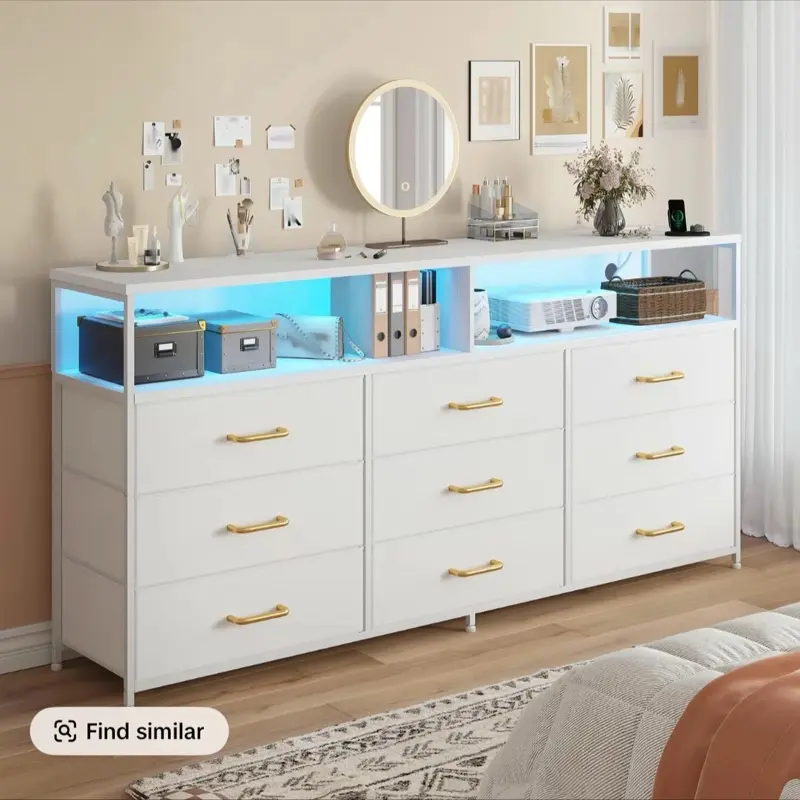 [SpringGlowUp] Raybee Furniture 55 Inch Wide Dresser for Bedroom, with Power Outlet and LED Lights, Modern Fabric Storage Orgaizer Unit, 65 Inch TV Stand for Bedroom with 7-12 Fabric Drawers, Sturdy Dressers for Bedroom, Living Room Curved-Edge