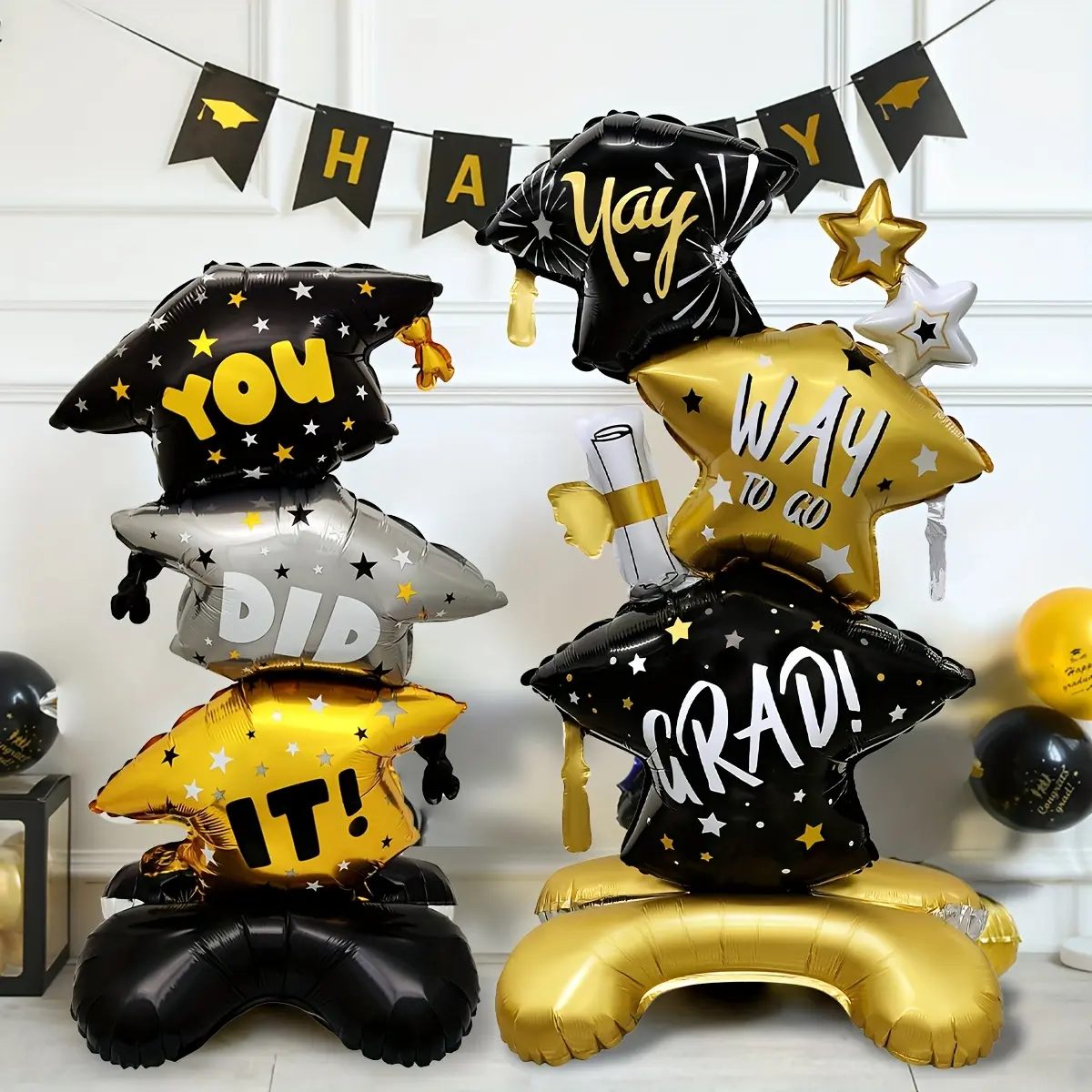 2-Pack Freestanding Mortarboard Balloons — Giant Graduation Celebration Foil Balloons with Bases — Ideal for College Graduation Parties, Degree Conferral Ceremonies, and Graduation Season Home Decor