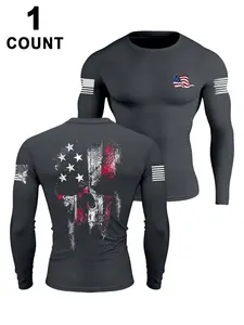 Men's Long Sleeve Round Neck T-Shirt, Fitted Skull Flag Graphic Print Casual Top, All-Day Comfort, Trendy Fashion Pairing, Spring & Fall, Casual Fashionable