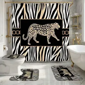 4Pcs Shower Curtain Set Leopard Motif, Zebra Stripe Print, Gold Chain Detail, Bathroom Sets with Rugs Christmas Halloween Thanksgiving, Bathroom Decor Black Ground Beige Leopard Figures Over Stripes With Gilded Borders