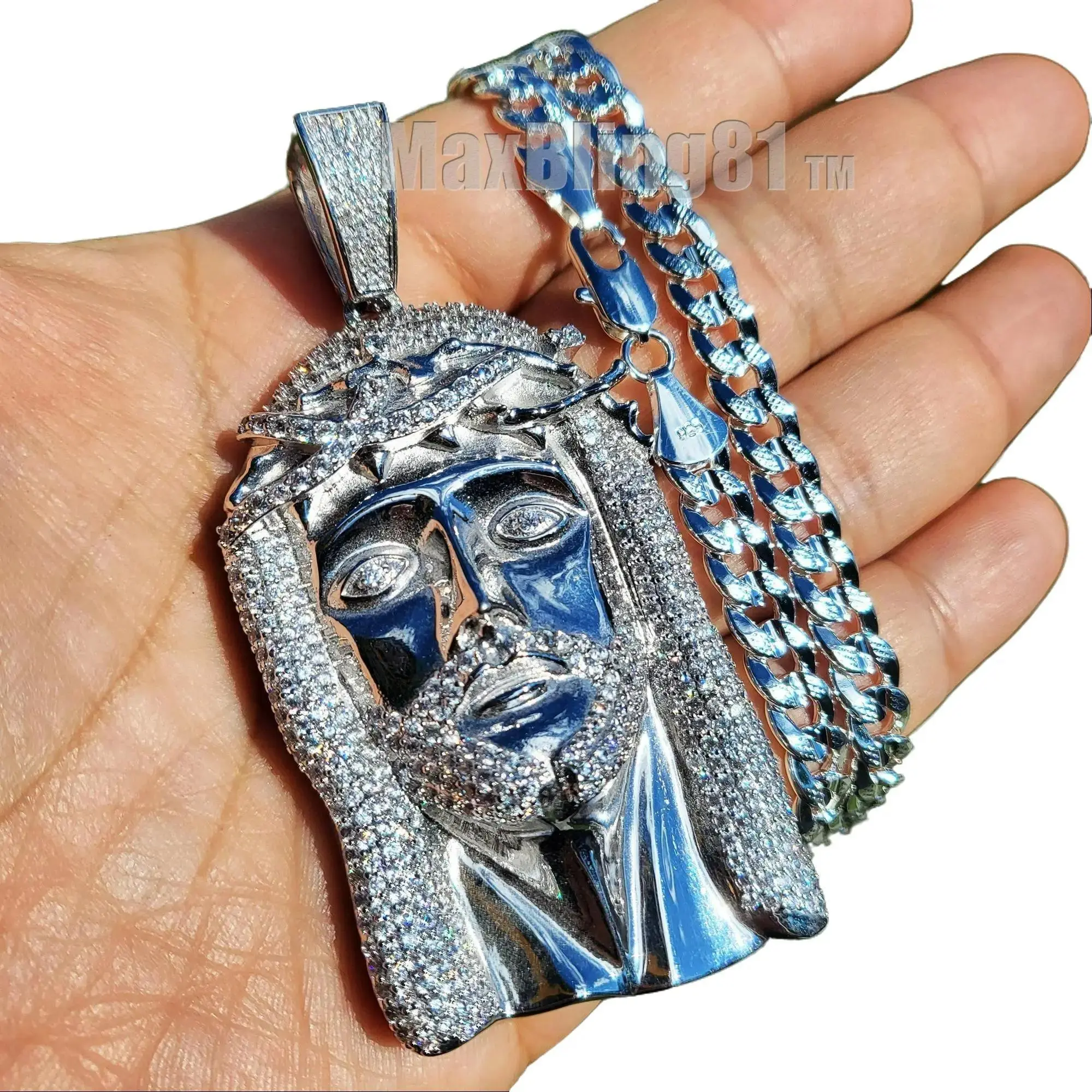 MaxBling81 Unisex Jesus Face Simulated Diamond Large Statement Pendant Necklace, 925 Stamped Brass 8mm Miami Cuban Rope Chain, 20"/24"/30" Multi-Size Chain Link Hip Hop Costume Jewelry, Chain Link Necklaces