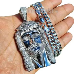 MaxBling81 Unisex Jesus Face Simulated Diamond Large Statement Pendant Necklace, 925 Stamped Brass 8mm Miami Cuban Rope Chain, 20"/24"/30" Multi-Size Chain Link Hip Hop Costume Jewelry, Chain Link Necklaces
