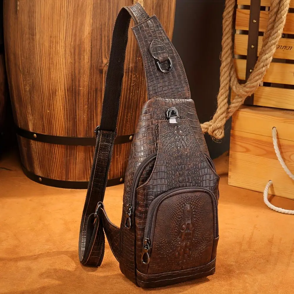 Men's Vintage-Style Genuine Leather Chest Bag with Crocodile Pattern, Adjustable Strap, Zipper Closure, and Multiple Pockets for Daily Commute, Travel Crossbody Bag|Rugged Design|Enclosed Compartment