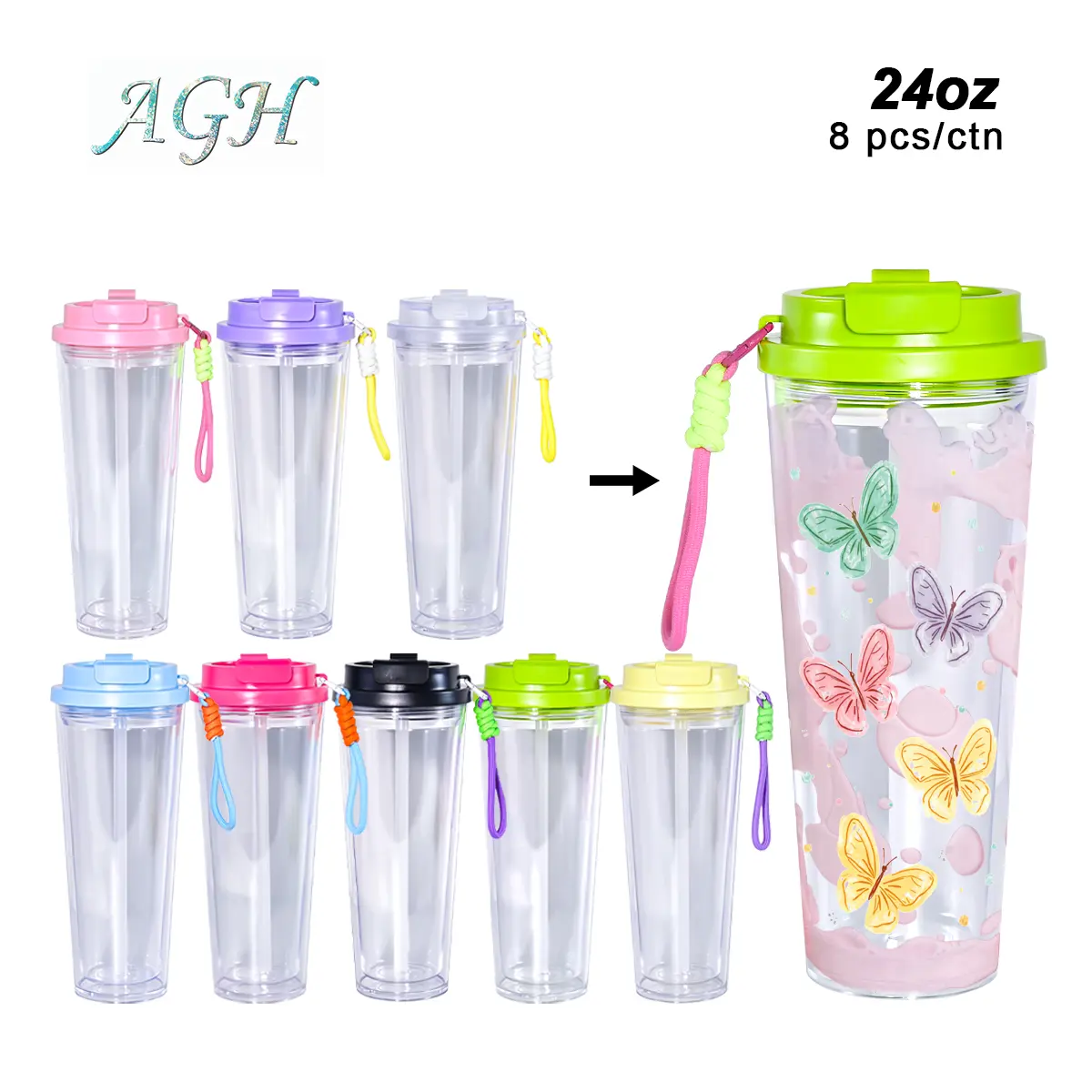 Agh US New Collection 8pcs 24 oz 2-in-1 Double Walled Snow Globe with Mixed Color Lids and Straps, with Pre Drilled Hole And Plugs