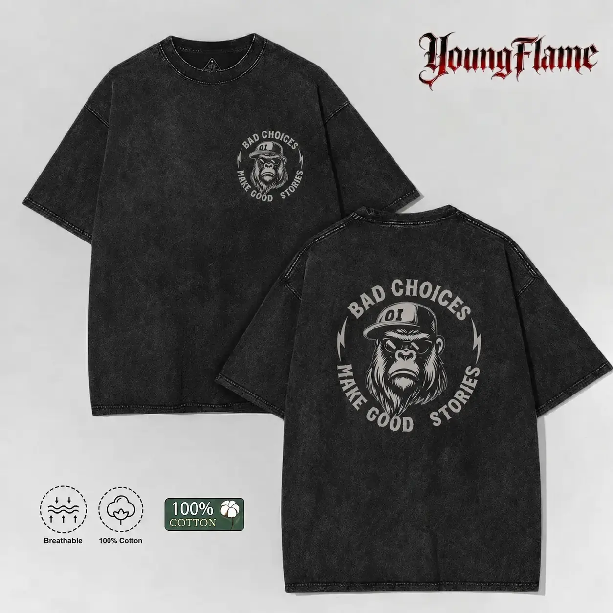 100% Cotton Front Back Print Cool Ape Graphic Tee A Comfortable Summer Gift Humor Quote Streetwear Y2K Clothing Washed Black Top oversized t-shirt short sleeve humorous tshirt men