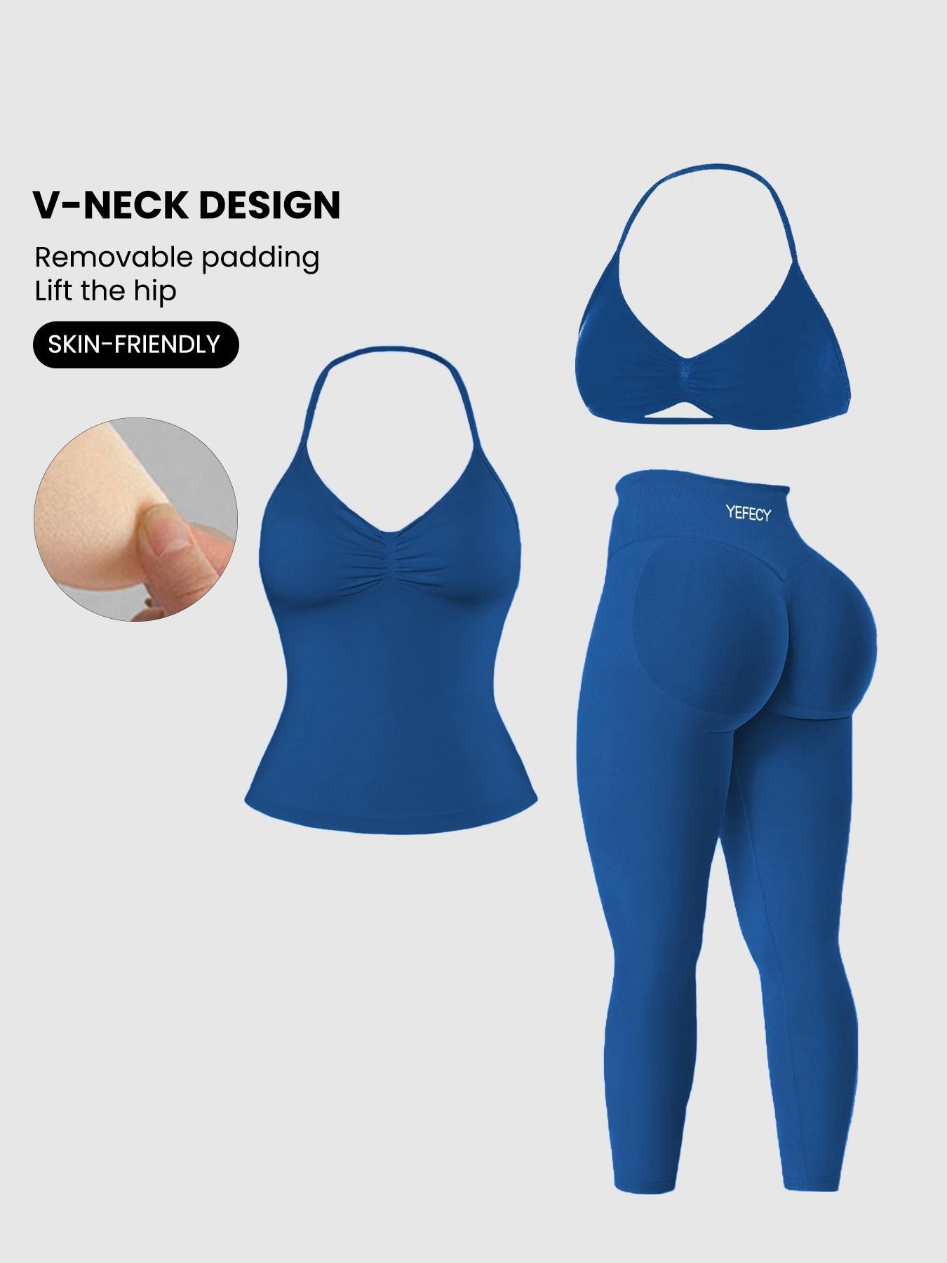 Women'S Halter Top + Sports Bra + High Waist Tight Pants 3 Piece Set, Detachable Pads, Butt Lifting, Abdominal Support, Yoga Fitness Daily Wear