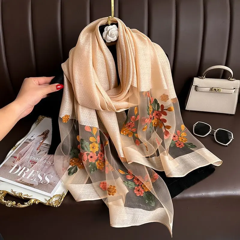 Women's Elegant Embroidered Sunscreen Scarf - All-Match Summer Fashion Accessory for Casual Outings