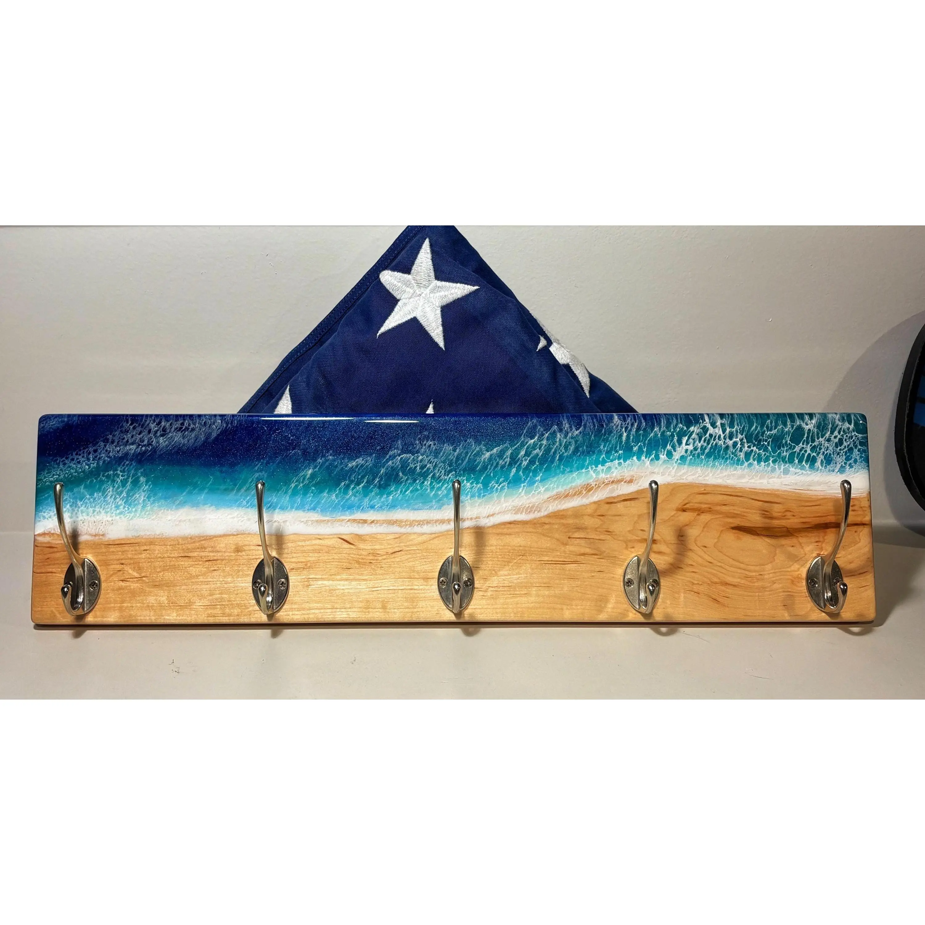 Epoxy Ocean Coat Rack Handmade Beach Wall Hook Rack for Entryway or Bathroom Resin Wood Stainless Steel Hooks Decor Gift Hanging