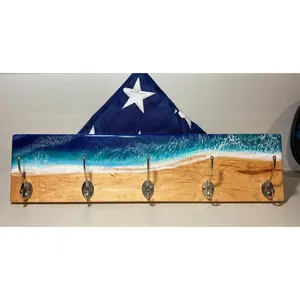 Epoxy Ocean Coat Rack Handmade Beach Wall Hook Rack for Entryway or Bathroom Resin Wood Stainless Steel Hooks Decor Gift Hanging