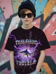 Boys' Metal Texture Shark Theme Top, Cool Street Style Casual Short Sleeve Shirt, Fitted Random Print Design, All Seasons Wear