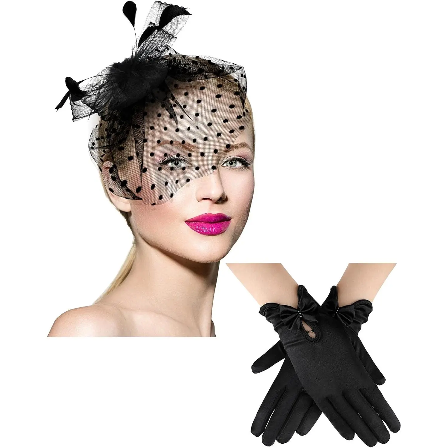 Women's 50s Fabric Pillbox Fascinator Hat - Elegant Church Easter Headpiece with Pearl Accessories, Mesh Funeral Veil, Bow, Diamond Accents, Secure Fit, Lace Gloves Gift for Cocktail Tea Parties