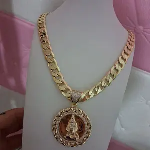 10 mm x 22 "Cuban link  chain with our lady of Charity pendant -14 k gold plated
