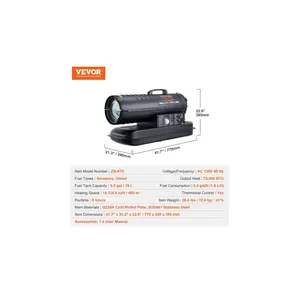 VEVOR Kerosene Forced Air Heater, 70000 BTU Portable Torpedo Diesel Space Heater with Thermostat, 5 Gallon Tank Energy-Efficient heavy-duty Heater, for Indoor Outdoor Use Workshop Industry