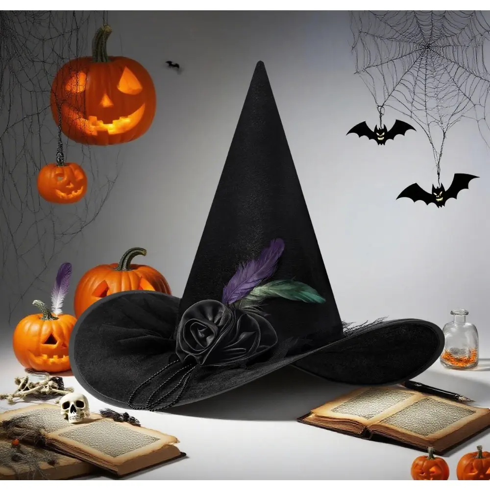 Halloween Witch Hat with Purple Feather and Black Rose Decoration Perfect for Costume Parties and Halloween Celebrations