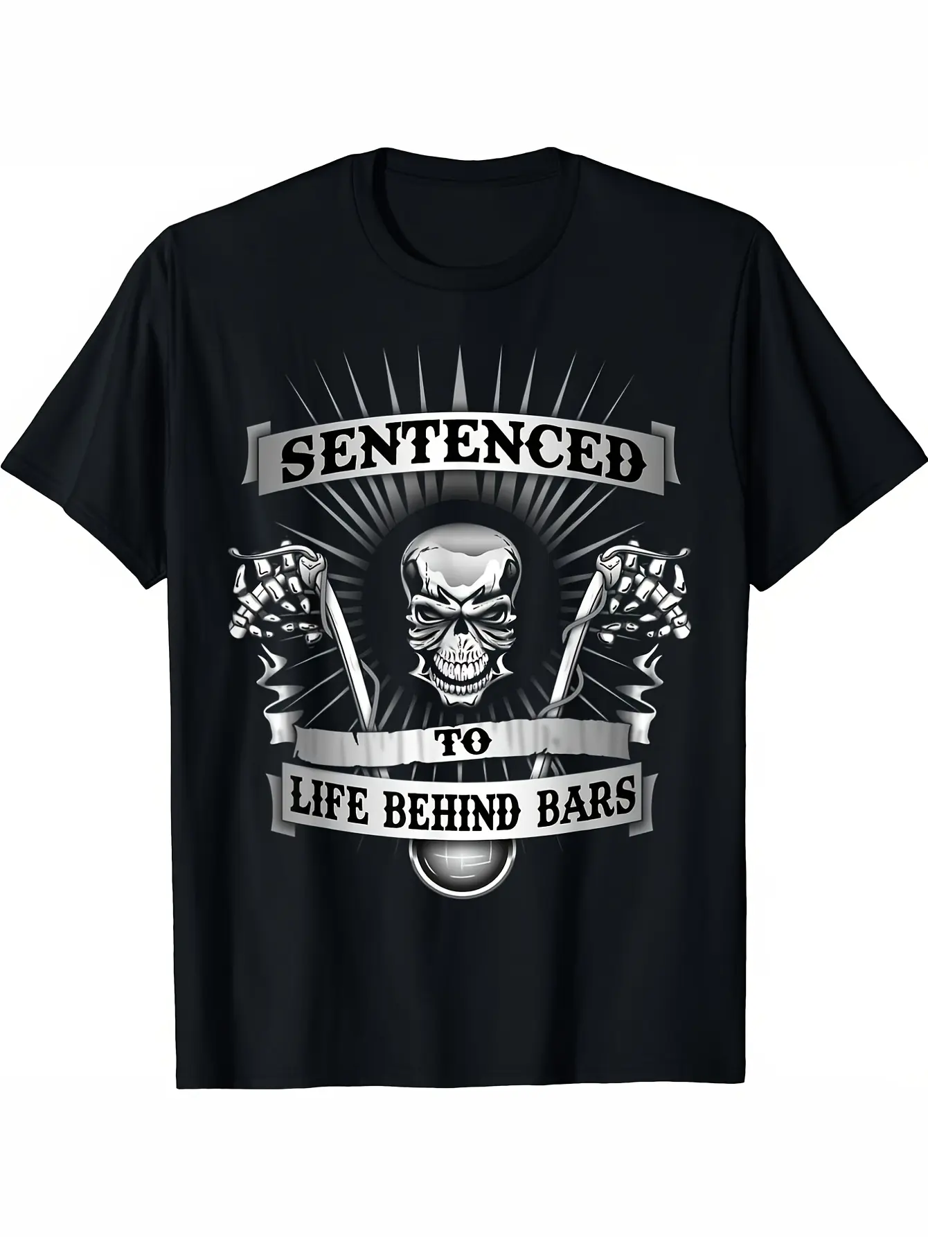 Men's & Women's Biker Motorcycle T-Shirt - Heavyweight 220gsm Retro "Sentenced to Life Behind Bars" Graphic Tee - Soft Breathable Round Neck Casual Shirt - Motorcycle Enthusiast Apparel - Black & White Biker Design - Machine Washable - Edgy Motorcycle Sty