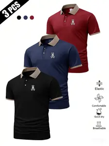Men's Summer Crossbone Skull Rabbit Print Short Sleeve Polo Shirt, Breathable Comfort Business Casual Golf Wear