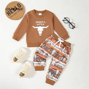 Baby Boy Fall Western Outfit Cow Head Print Long Sleeve Sweatshirt and Elastic Pants 2 Piece Clothes for Toddler