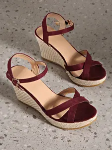 Women's Fashion Classic Elegant Cross Strap Wedge Sandals, 8.5cm Height Increase, Straw Bottom, Buckle Strap with Rhinestones, Summer Commute Vacation