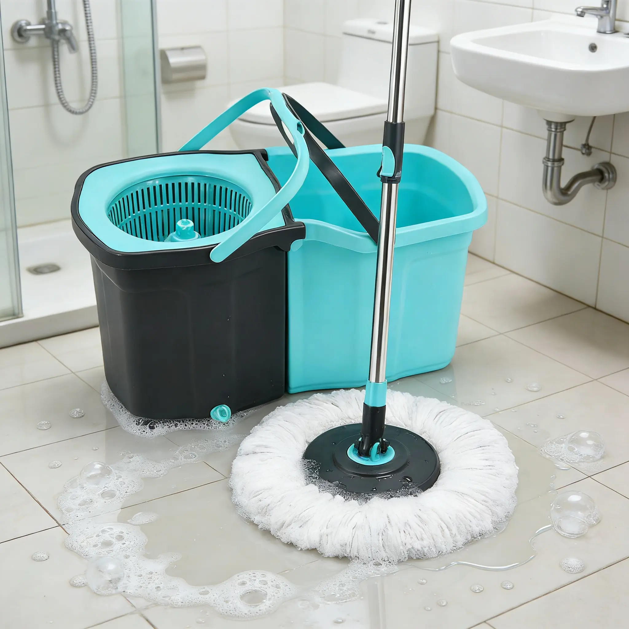 360 Spin Mop with Bucket Set, Stainless Steel Handle, 2 Microfiber Mop Heads, Detachable Cleaning System,	 utensilios, del, hogar, Floor Cleaning Mop for Hardwood Tile, Easy Wringing Floor Mop.