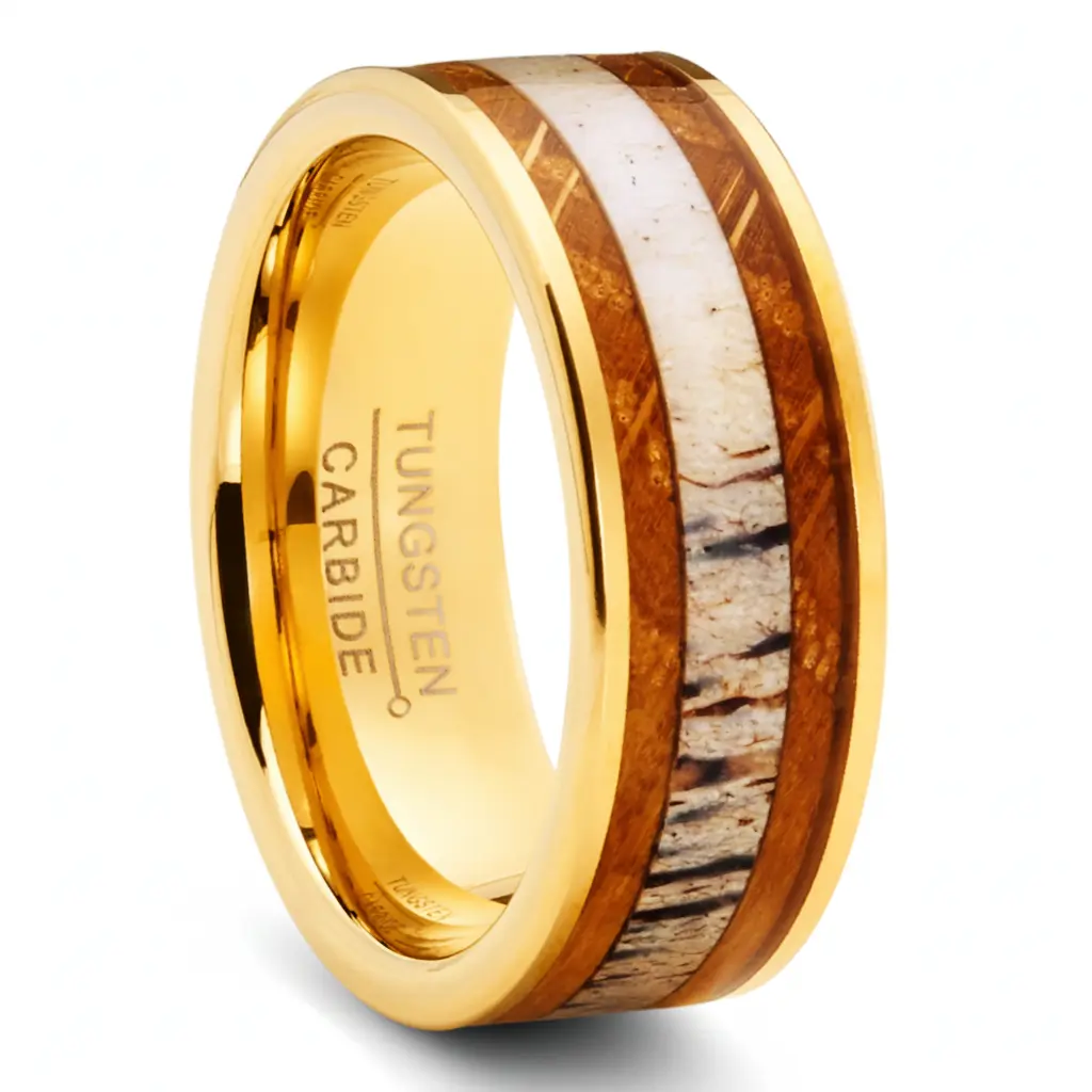 Tungsten Carbide Mens Wedding Band Whiskey Barrel Deer Antler Engagement Ring Goldtone