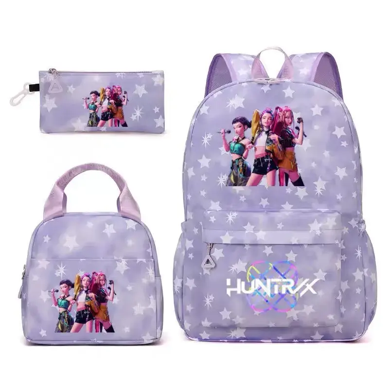 Girl Print Backpack Set, 3 in 1 Marble Purple School Bag Kit with Lunch Tote & Pencil Case, Lightweight Waterproof Bookbag, Cute Anime Character Daypack Gift for Teen Girls Students