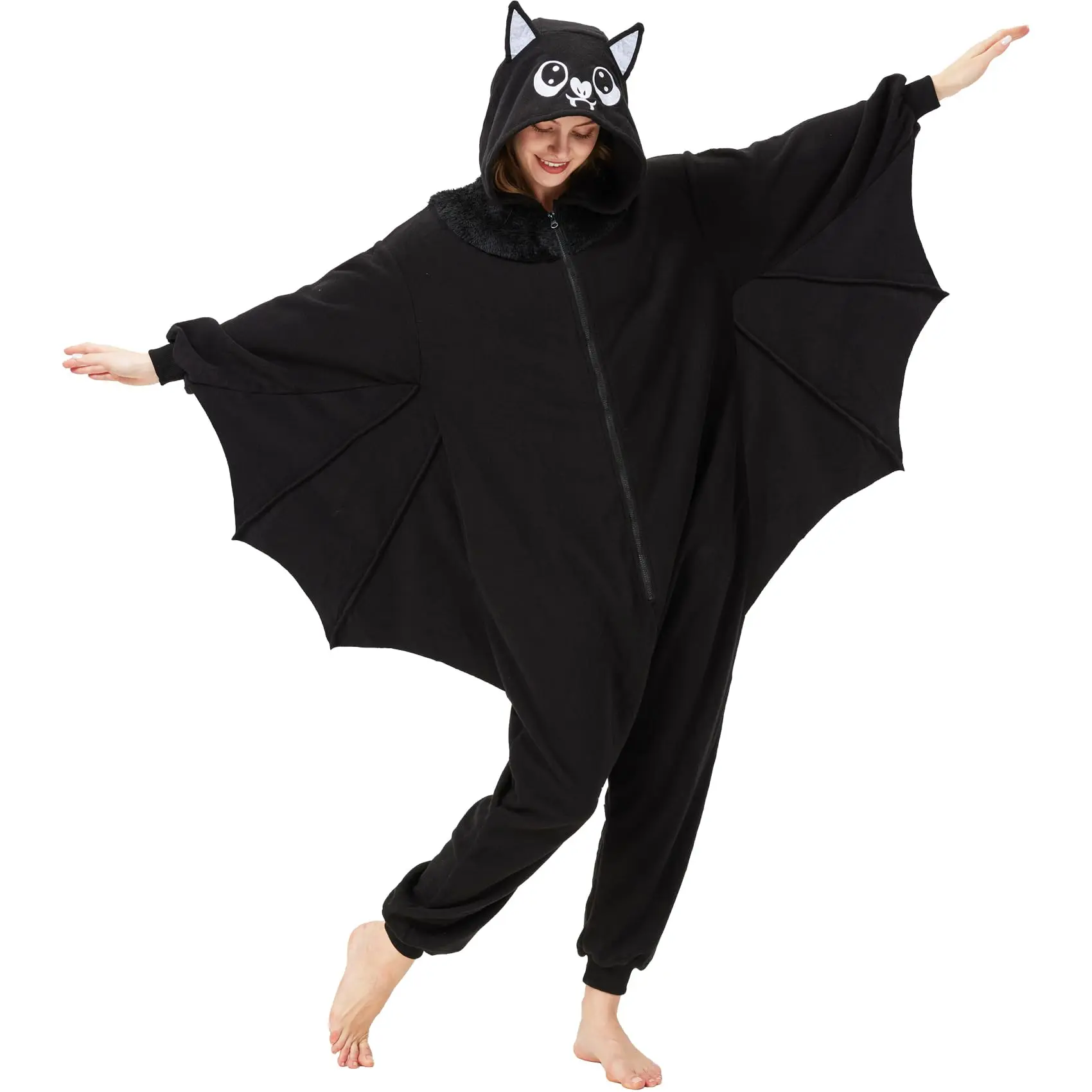 Bat Kigurumi Onesie - Black Bat Costume with Hood and Ears, Long Sleeves, and Long Legs, Perfect for Halloween  robe anime onesies funny pajama solid zipper private party