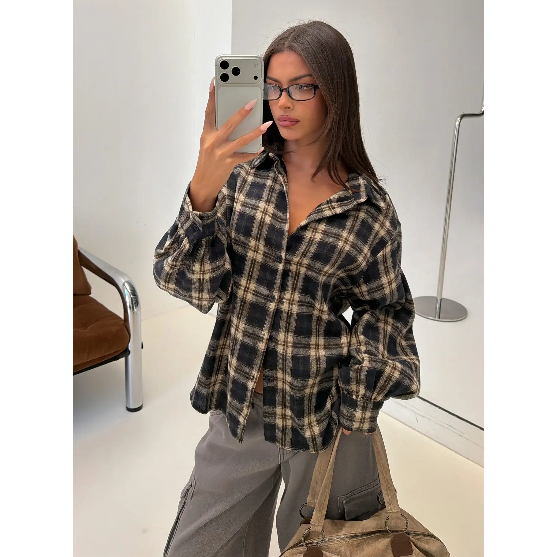 Caydence Long Sleeve Button Down Flannel Top Check Multi