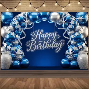 Blue Silver Birthday Backdrop, Indoor Outdoor Party Decor for Men Women Kids, Party Banner