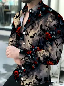 Men's Breathable Lapel Long-Sleeved Red Rose Bat Print Cardigan