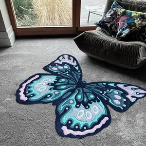 Irregular Realistic Butterfly rug, Boho Area Rugs, Dark blue and teal design, Irregularly shaped decorative floor mats, Home Decor Painted Floor Rug, Suitable for living rooms, bedrooms, hallways, Creative home decor