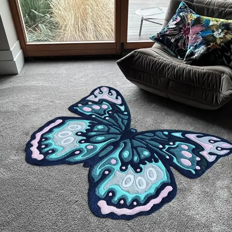 Irregular Realistic Butterfly rug, Boho Area Rugs, Dark blue and teal design, Irregularly shaped decorative floor mats, Home Decor Painted Floor Rug, Suitable for living rooms, bedrooms, hallways, Creative home decor