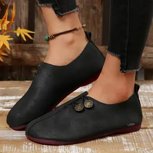 Women's Stylish Flat Casual Shoes Retro Round Toe Loafers with Decorative Buttons, Comfortable Vintage Footwear Indoor Outdoor Shoes
