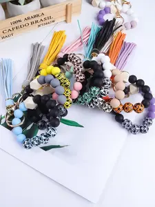 Silicone Leopard Print Beaded Wrist Keychain Charm, DIY Silicone Fringe Pendant Bracelet Keyring, Mother's Day Gift for Mom & Friends