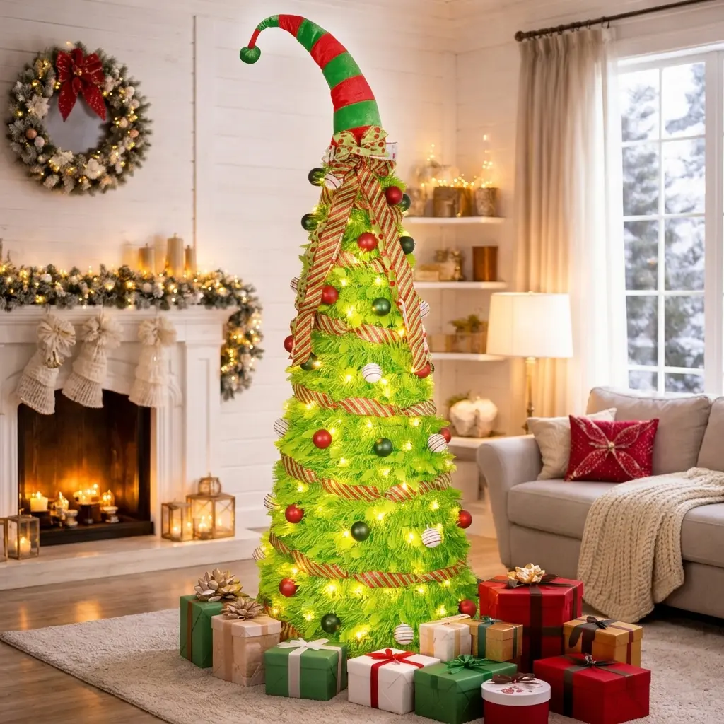 Bringstar 6FT/7FT Premium Pre-Lit and Pre-Decorated Pop-Up Christmas Tree with Curved Elf Hat, Bow & Ball Ornaments in 3-Colors, 1-Minute Setup, Reusable PVC Holiday Decoration