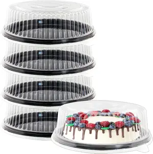 12" [5 Pack] round Cake Pies Carriers, Black Serving Tray with Clear Lid, Disposable Cake Containers with Dome Lids Dessert Sandwich Trays for Party EWAFILU