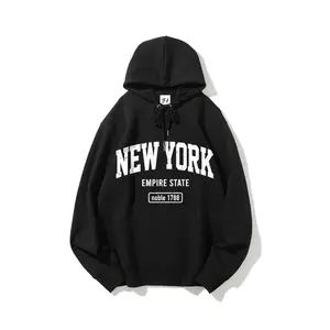 New York Empire State Hoodie Retro Varsity Graphic Pullover Sweatshirt Collegiate Letter Print Top Long Sleeve Hooded Jumper With Pocket 90s Vintage Aesthetic Preppy Style Unisex Casual Cotton Blend Fall Winter Gift For Student Trend Souvenir Black