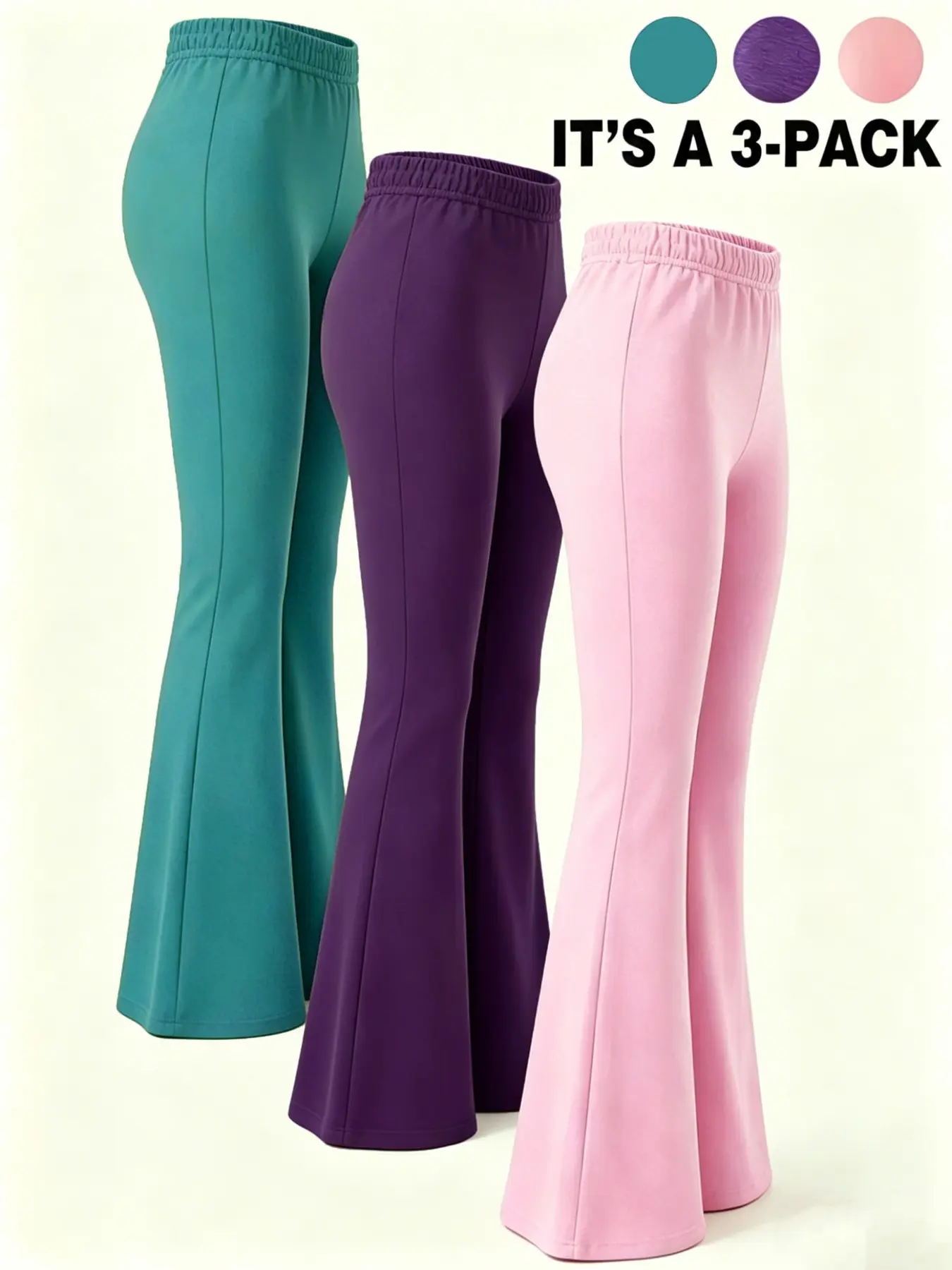 3-Pack Girls' Plain Comfortable Stretchy Casual Bell Bottom Pants, Elastic Outdoor Sports Leisure Trousers, Suitable for Ages 4+