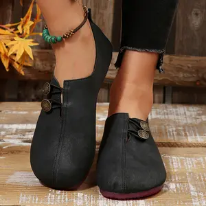 Vintage Style Women's Slip-On Flats Soft Round Toe Casual Shoes with Unique Button Design Indoor Outdoor Shoes Springfresh